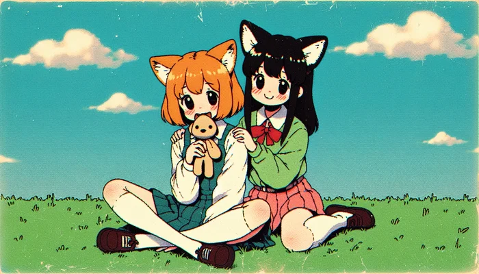 Kitsune girlfriends, baby photo - My, Neural network art, Anime art, Anime, Animal ears, Kitsune