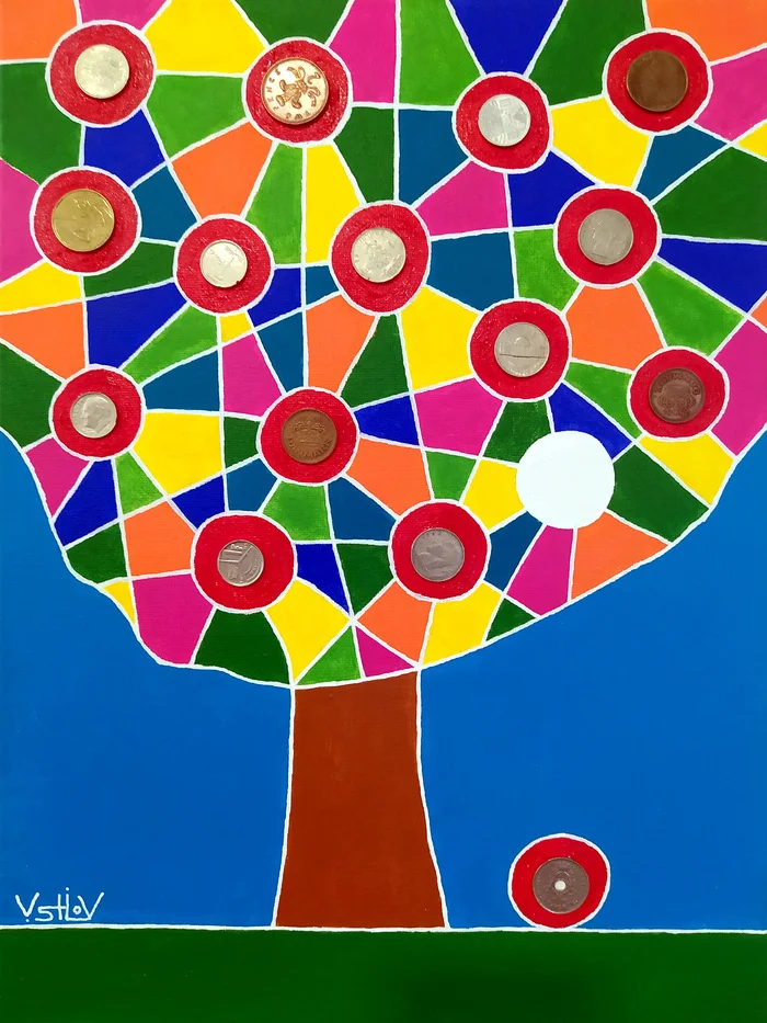 Money tree - My, Acrylic, Drawing, Author's painting, Canvas, Tree, Money, Art