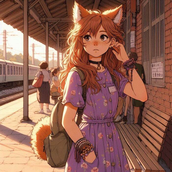 Meeting with Mom - My, Neural network art, Art, Anime art, Нейронные сети, Animal ears, Girls, Anime, Original character, Kitsune, Tail, Redheads, Freckles, Drive, Meeting, Ginger & White, Longpost