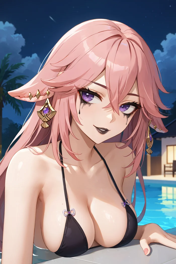 Yae, who swims in a pool with makeup on? - My, Neural network art, Stable diffusion, Girls, Anime art, Portrait, Bikini, Boobs, Makeup, Swimming pool, Bathing, Close-up, Pink hair, Kitsune, Yae Miko (Genshin Impact), Genshin impact, Hand-drawn erotica