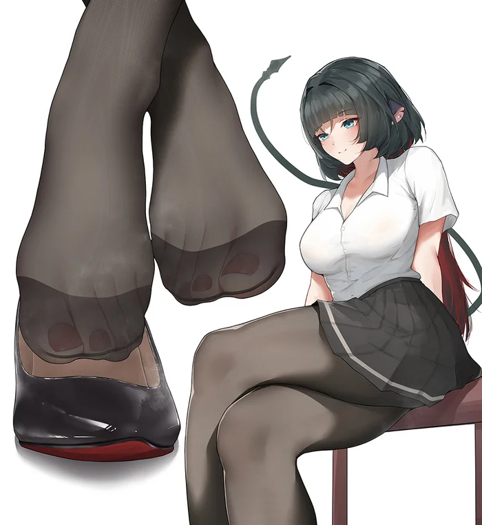 I don't skimp on tights anymore... - Art, Anime, Zenless Zone Zero, Anime art, Jane Doe (zzz), Tights, Shoes, Pedicure, Tail, Animal ears, Foot fetish, Girls, Longpost