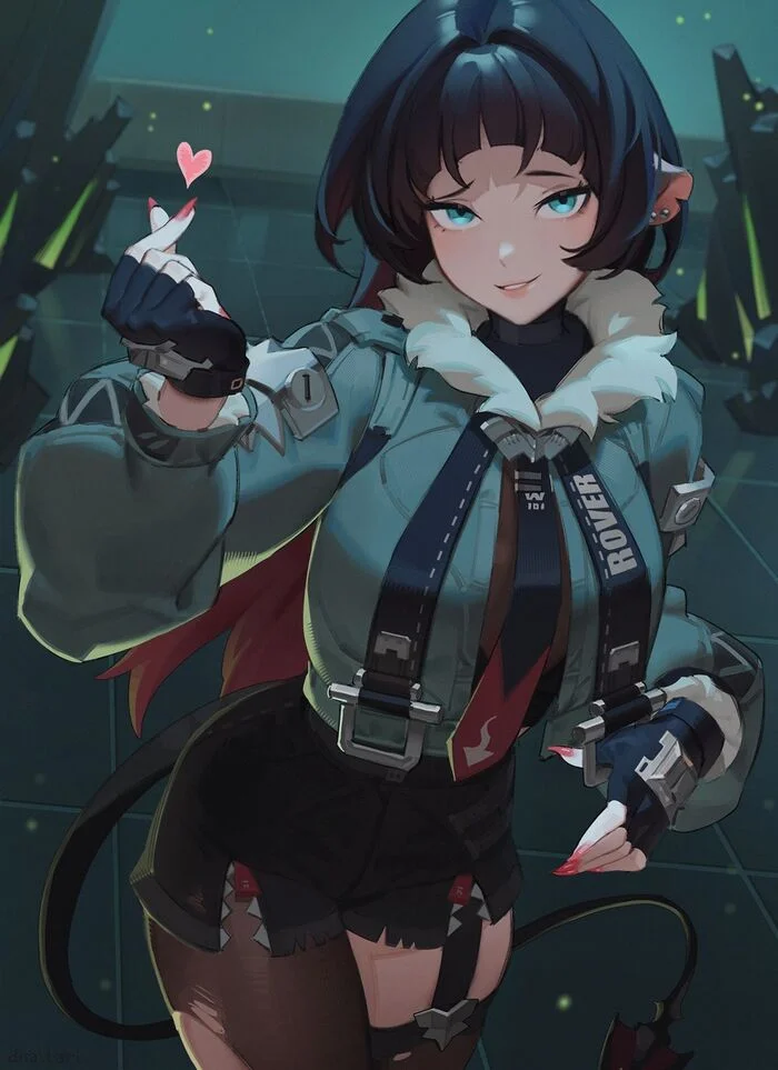 Jane Doe #002 - Anime, Anime art, Zenless Zone Zero, Jane Doe (zzz), Girls, Animal ears, Tie, Tail, Jacket, Piercing, Gloves