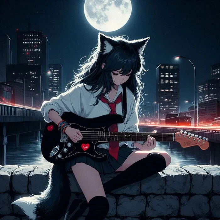 Rox Fox and the Moonlight - My, Art, Neural network art, Нейронные сети, Anime art, Girls, Anime, Original character, Kitsune, Animal ears, Tail, Guitar, Night, Alcohol, Adventures, Ginger & White, Longpost