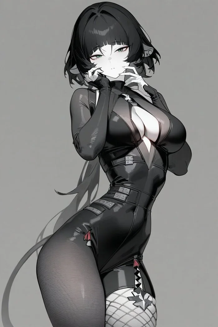 Jane - Anime, Anime art, Jane Doe (zzz), Zenless Zone Zero, Tail, Animal ears, Monochrome, Neural network art