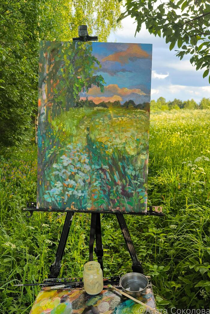 Path in flowers - My, Author's painting, Tver region, Oil painting, Painting, Plein air, Longpost