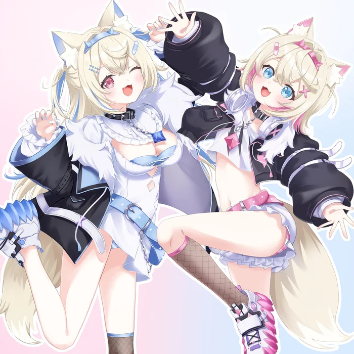 Хвостики - Аниме, Anime Art, Хвост, Animal Ears, Dobutsu, Virtual YouTuber, Mococo Abyssgard, Fuwawa Abyssgard, Hololive