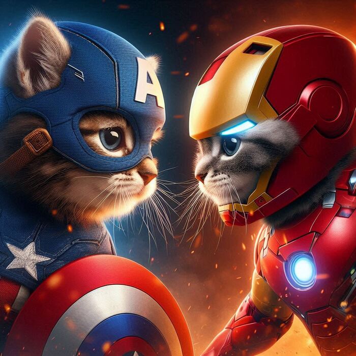 Iron Cat vs. Captain Kitty! - It's Your Choice - My, Survey, Neural network art, Telegram (link), cat, Humor, Superheroes, iron Man, Captain America, Longpost