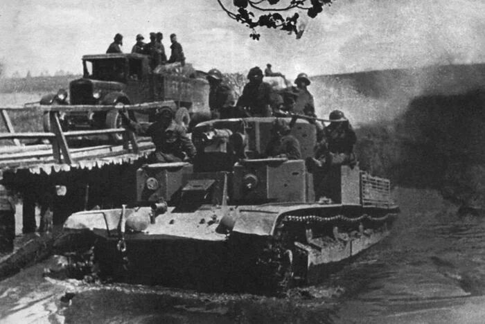 T-28 fords a river - The Great Patriotic War, Military equipment, Tanks