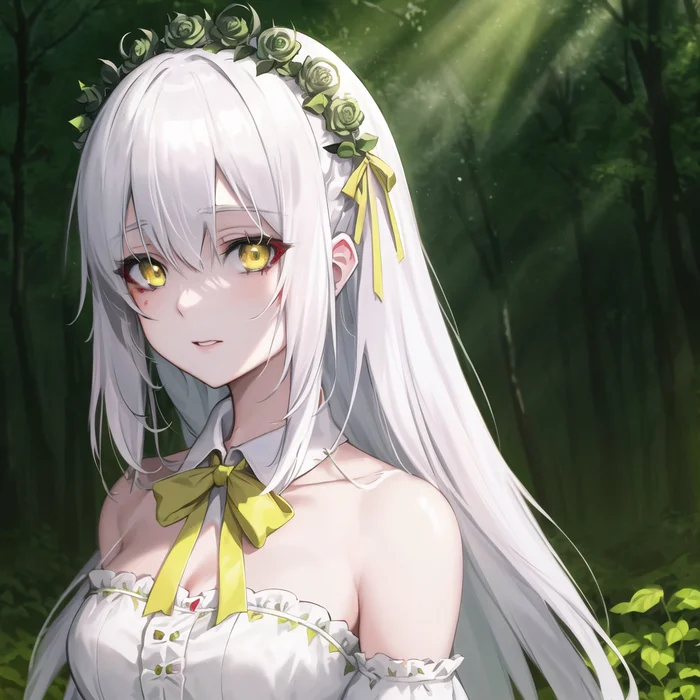 Somewhere in the forest - My, Anime, Anime art, Stable diffusion, White hair