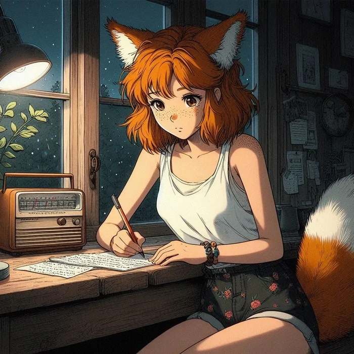 Letter to Mom - My, Neural network art, Art, Anime art, Girls, Нейронные сети, Anime, Original character, Kitsune, Animal ears, Tail, Redheads, Freckles, Letter, Ginger & White, Longpost