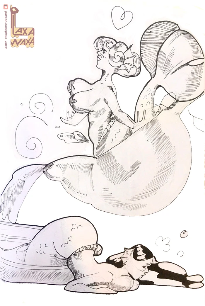 Tea mermaids - My, Art, Anime, Mermaid, Mythology, Traditional art, Girls, Tea, A fish, Milota, Monster girl, Tail, Scan, Sketch