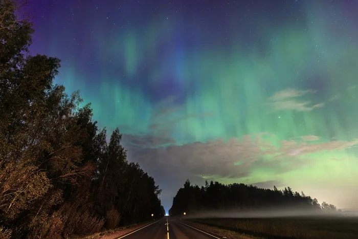 I'm taking pictures - My, The photo, Nature, Polar Lights, Landscape, Night, Road, Fog, Beautiful view