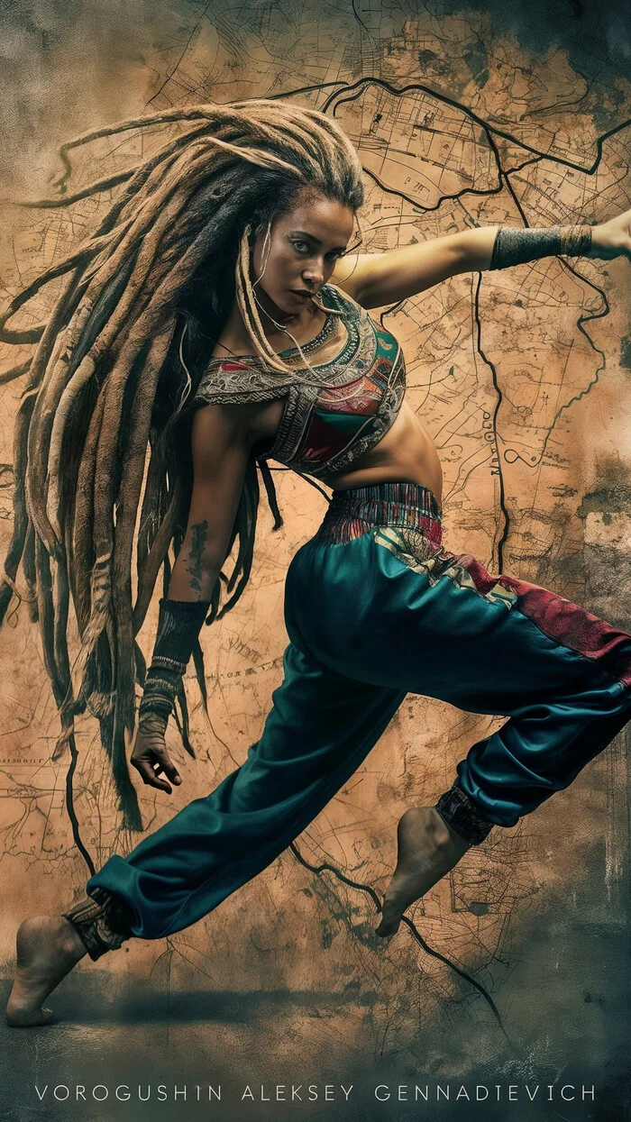 Contemporary artist: Vorogushin Alexey Gennadievich. Dancing girl with long dreadlocks in ethnic clothing. AI artist - My, Phone wallpaper, Neural network art, Нейронные сети, Desktop wallpaper, Digital, Art, Dall-e, Dancing, Computer graphics, Art, Modern Art, Girls, The photo, Digital drawing, Artificial Intelligence, Longpost