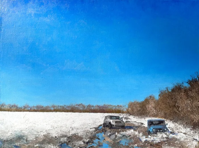 My new job - My, Painting, Creation, Painting, Art, Dirt, Off road, Winter, UAZ, Landscape, Longpost