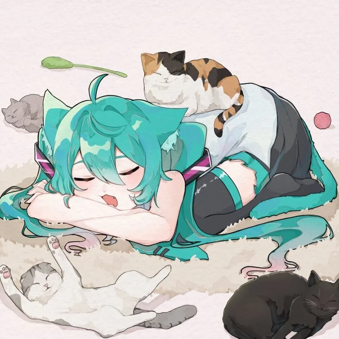 Hrrrrrr... - Art, Anime, cat, Hatsune Miku, Anime art