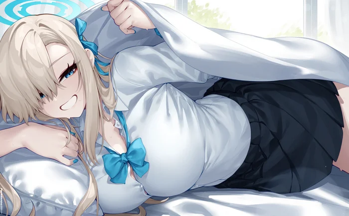 Ichinose Asuna #001 - Anime, Anime art, Blue archive, Ichinose asuna, Girls, Pillow, Skirt, Nimbus, Lying, Bow