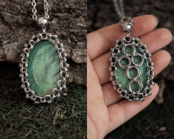 New stones in chainmail - My, Chain weaving, Chain mail jewelry, Natural stones, Decoration, Mystical decorations, Wire jewelry, Wire wrap, A rock, Malachite, Sodalite, Turquoise, Handmade, Needlework without process, Needlework, Craftsmanship, Pendant, Presents, Longpost