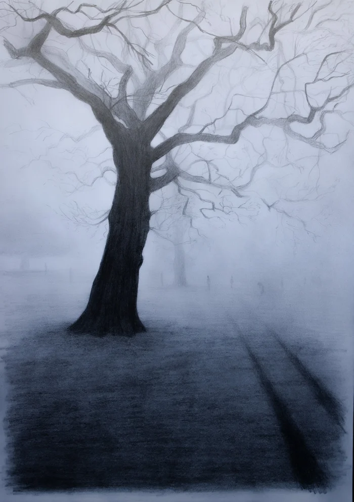 There's something in the fog... - My, Painting, Images, Drawing, Mystic, Simple pencil, Traditional art, Pencil drawing, Pencil, Art, Landscape, Painting, Fog