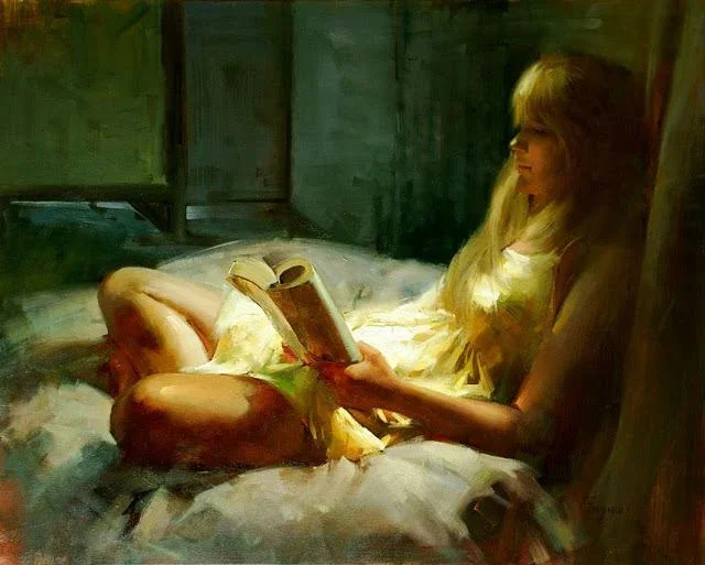 Reading expands your understanding of the world. I like to sit with a book in the evening. - My, Reading, Evening, Painting