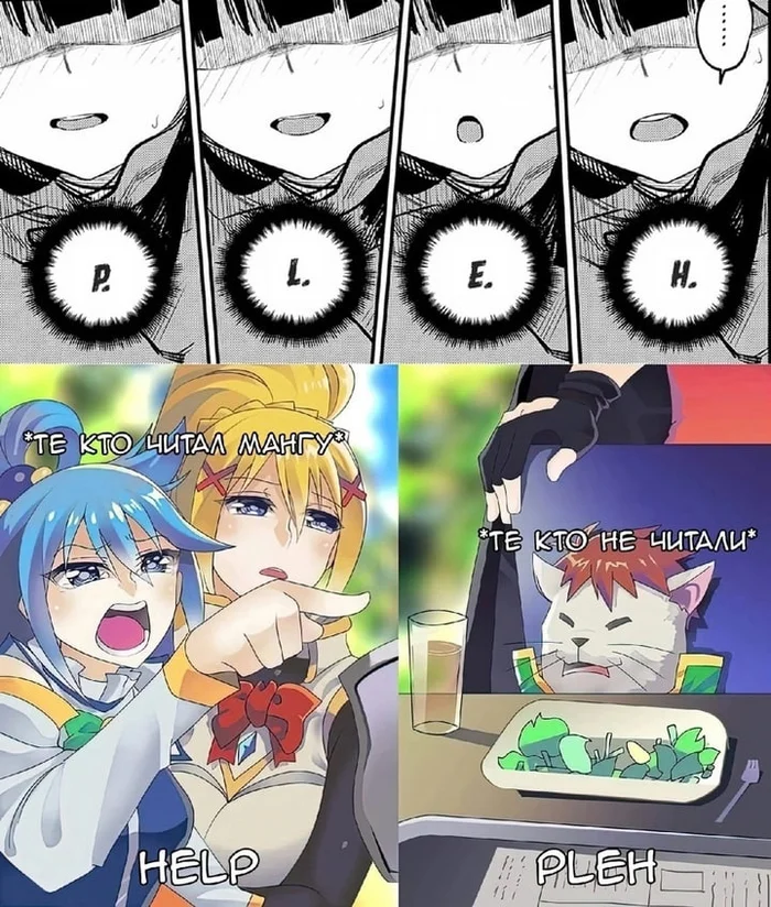 Pleh - Anime, Anime memes, Picture with text, Manga, Konosuba, Aqua, Darkness, Satou kazuma, cat, Two women yell at the cat