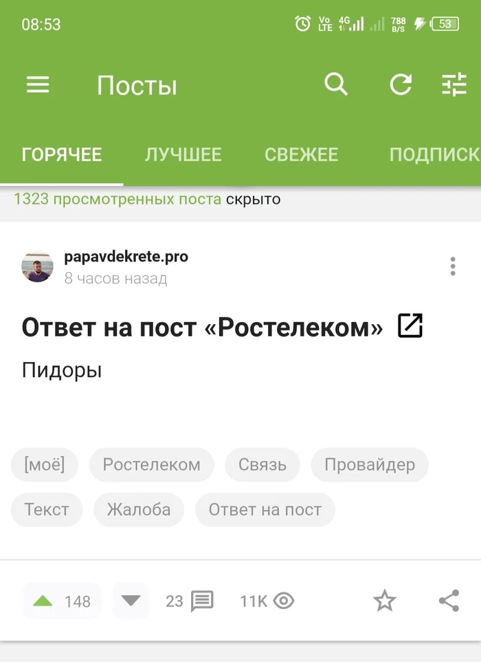 Ответ papavdekrete.pro в «Ростелеком» - Ростелеком, Связь, Провайдер, Жалоба, Мат, Ответ на пост, Скриншот, Посты на Пикабу, Волна постов