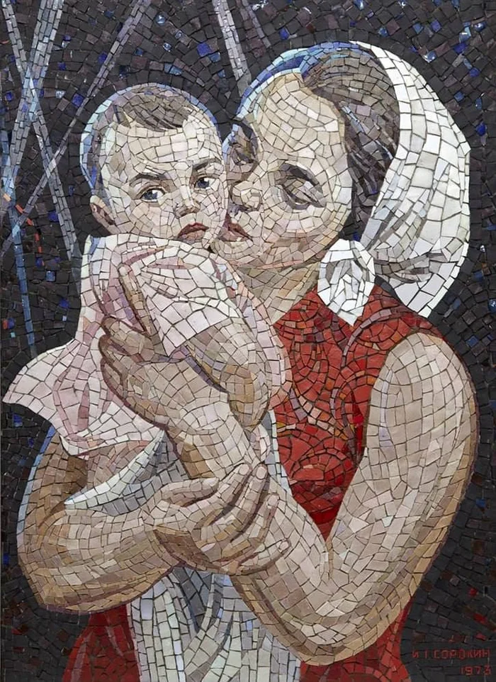 Mosaic panel 41 years - a harsh year 1973. Author: Sorokin Ivan Gerasimovich (1921-1990) - Art, Panel, Made in USSR, Childhood in the USSR, the USSR, Mosaic, beauty, Mum, Retro, 70th, Telegram (link)