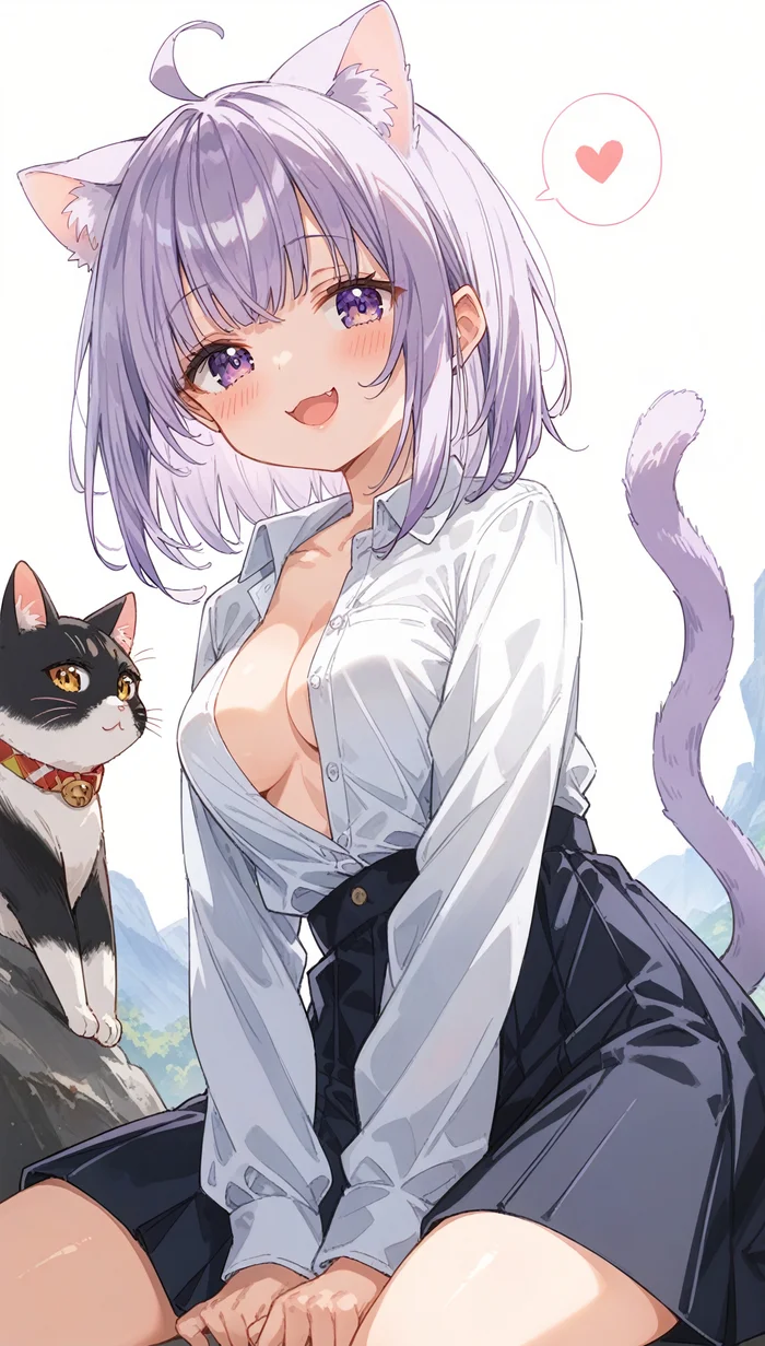 Хвостик - Аниме, Anime Art, Хвост, Animal Ears, Неко, Virtual YouTuber, Hololive, Nekomata Okayu, Арты нейросетей, Кот