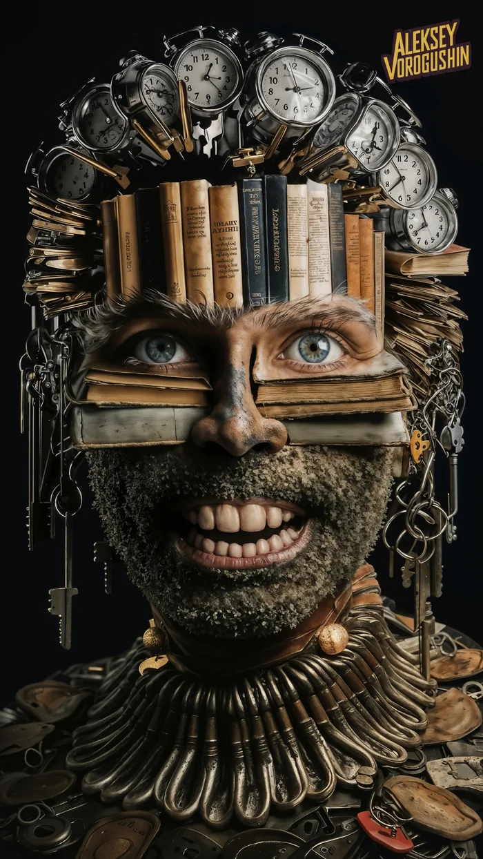 Contemporary artist: Vorogushin Alexey Gennadievich. Surreal portrait of a man from objects in the style of photobashing. AI artist - My, Desktop wallpaper, Нейронные сети, Phone wallpaper, Neural network art, Digital, Art, Dall-e, Surrealism, Computer graphics, Portrait, Art, Modern Art, Artificial Intelligence, Digital drawing, Longpost