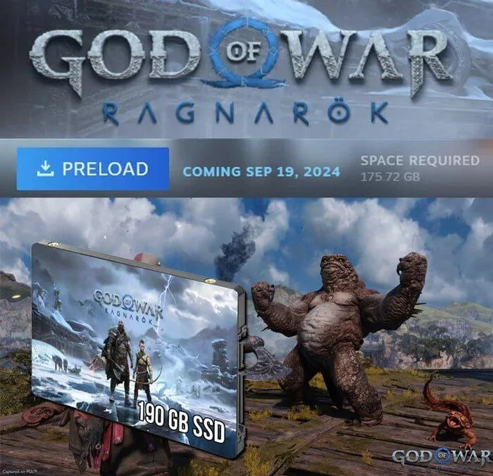 God Of War Ragnark весит 175 ГБ. Пора выпускать SSD чисто под игоры - Playstation, Компьютерные игры, Игры, Консольные игры, God of War, God of War 2: Ragnarok, Новости игрового мира, Sony, ПК vs консоли, Steam