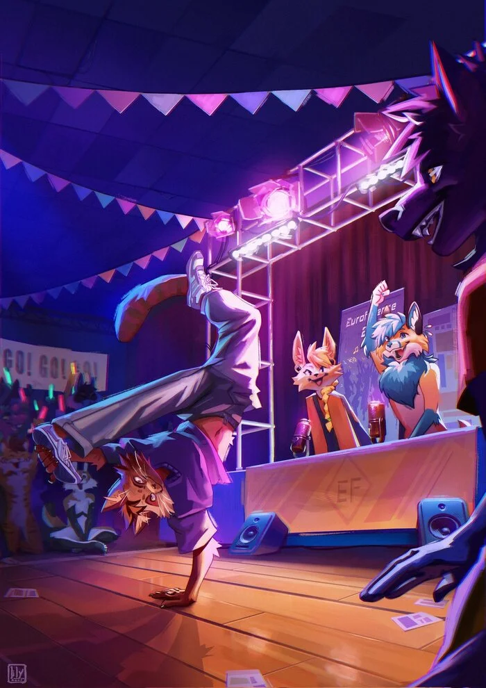 Dance competition - Furry, Furry canine, Furry feline, Furry cat, Furry fox, Dancing, Brakedance, Eurofurence, Furry art, Art, Lily