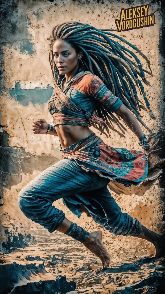 Contemporary artist: Vorogushin Alexey Gennadievich. Running girl with long dreadlocks in ethnic clothes. AI artist - My, Desktop wallpaper, Нейронные сети, Phone wallpaper, Neural network art, Digital, Art, Art, Modern Art, Dall-e, Computer graphics, Girls, Cover, Dreadlocks, Africa, Portrait, The photo, Artificial Intelligence, Digital drawing, Longpost