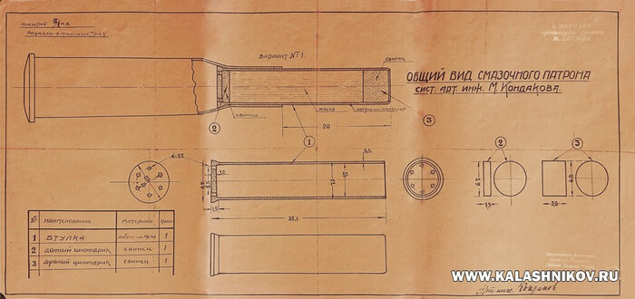 Общий вид и устройство смазочного патрона конструкции М. Н. Кондакова (1927 г.)