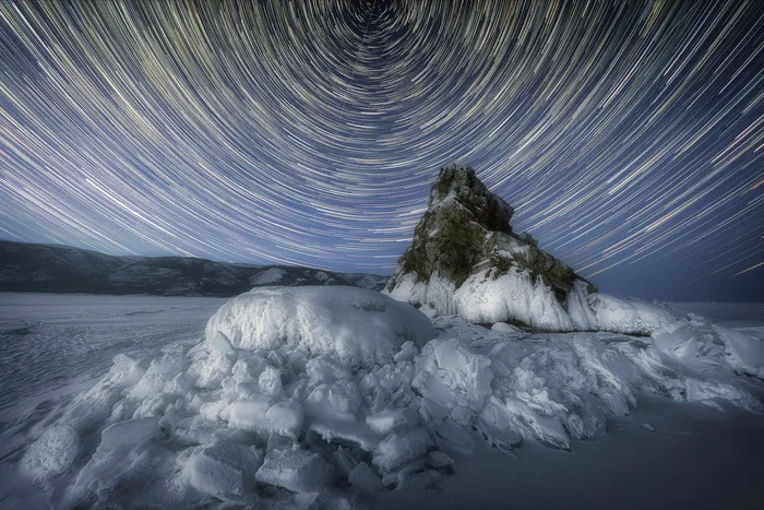 Elenka Island (Izhilkhey) - My, The photo, Travels, Baikal, Starry sky, Star Tracks, Winter, Long exposure