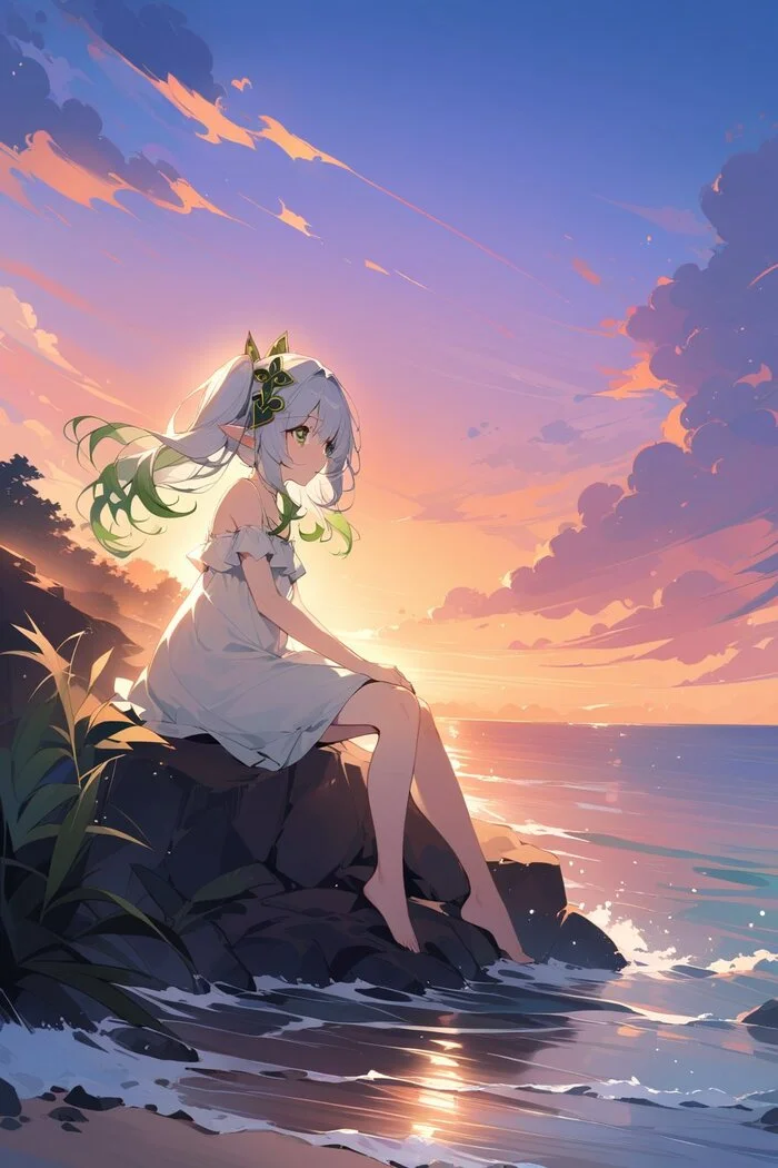 At sunset - Anime, Anime art, Nahida (Genshin Impact), Genshin impact, Sea, Sunset, Neural network art