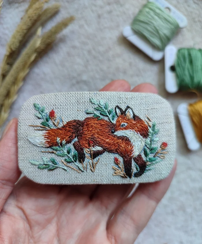 Little fox... - My, Fox, Satin stitch embroidery, Embroidery, Barrette, Handmade, Needlework without process, Needlework, Longpost