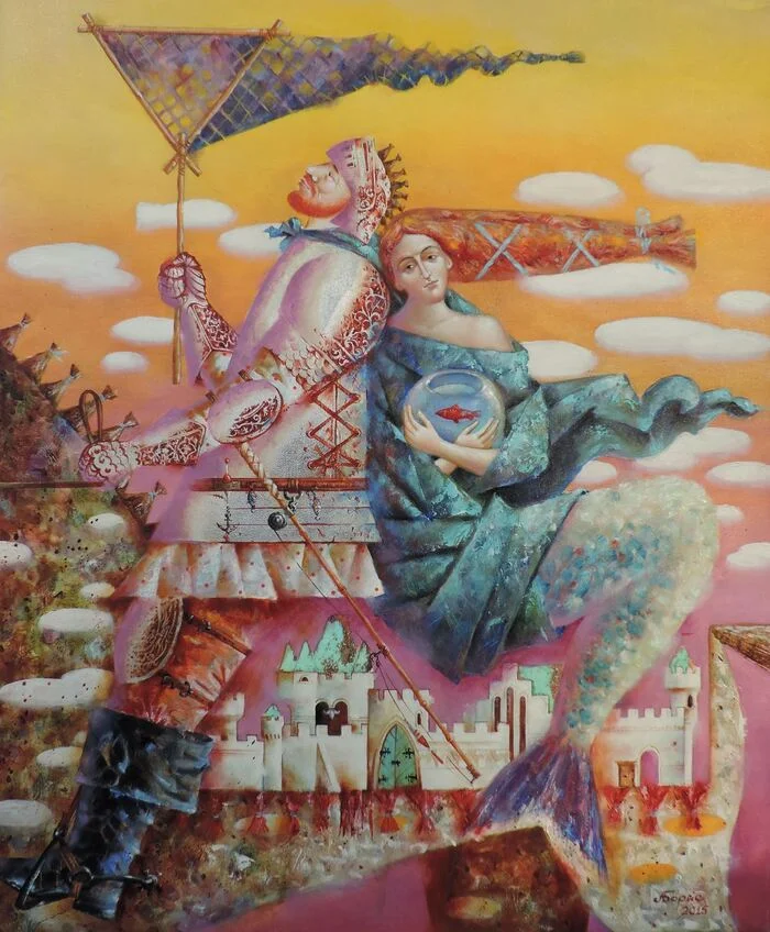 A Lucky Catch - My, Painting, Modern Art, Art, Canvas, Oil painting, Author's painting, Surrealism, Fantasy, Silver, Copper, Painting, Mermaid, Lock, Horses, Armor, Aquarium, A fish