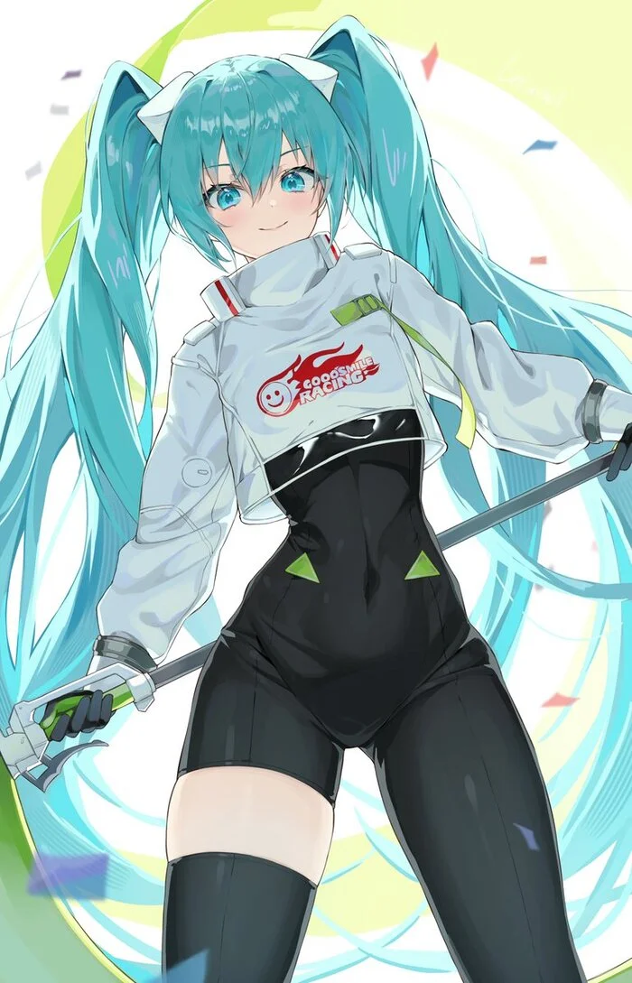 Hatsune Miku #149 - Аниме, Anime Art, Hatsune Miku, Девушки, Длинные волосы, Vocaloid, Bodysuit, Улыбка, Racing Miku, Флаг