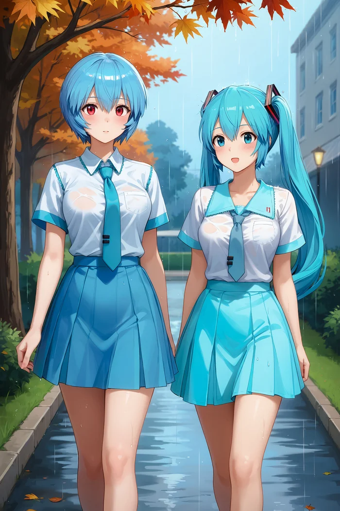 Friday Miku #7: Be careful with autumn walks - My, Neural network art, Stable diffusion, Girls, Anime art, Portrait, Hatsune Miku, Rei ayanami, Autumn, Cold, Walk, Rain, Blue hair, Temperature, Longpost