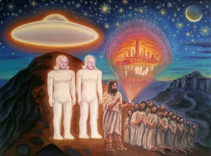 On the Mount of Olives. Oil on canvas - My, Art, Science fiction, Space, Space fiction, Painting, UFO, Aliens