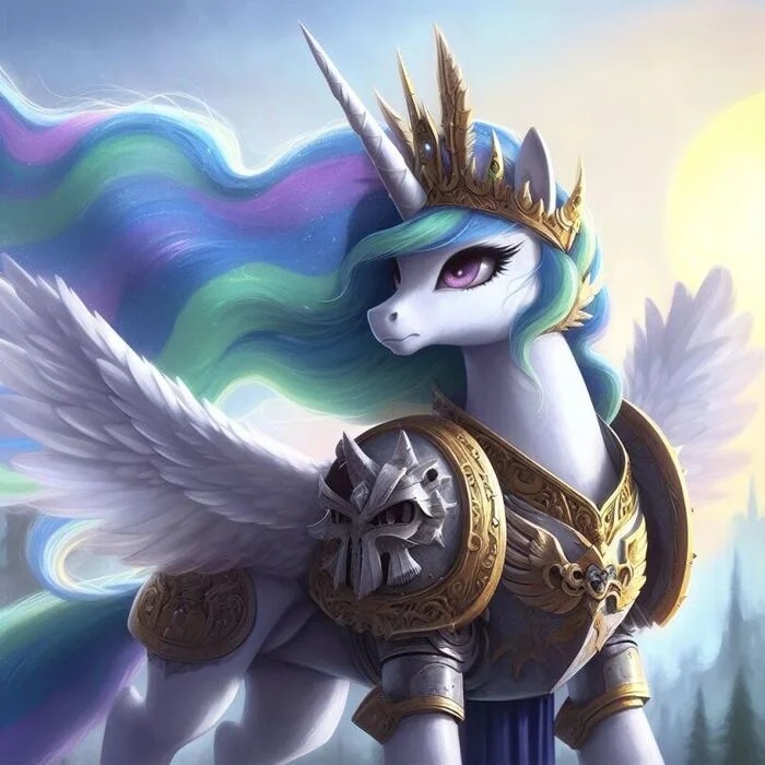 Will lead the ponies to a bright future... - My little pony, Neural network art, Crossover, Ponyhammer, Princess celestia