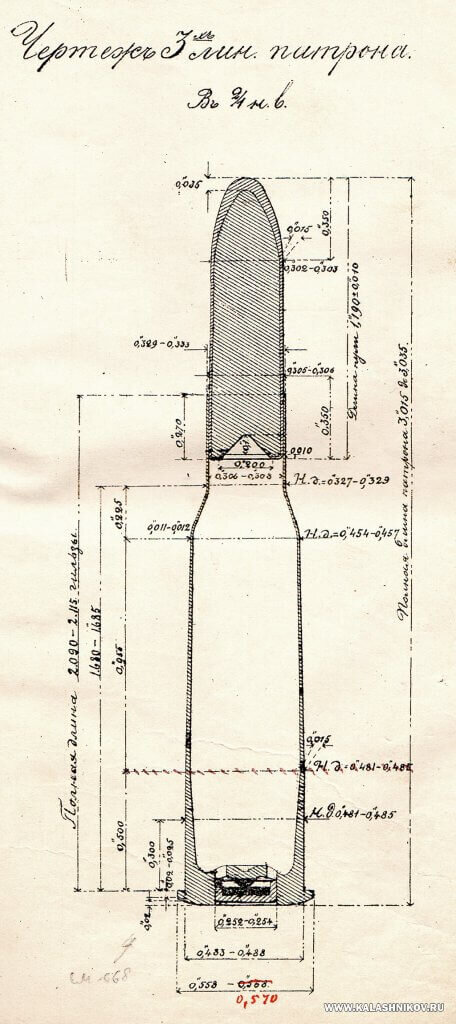 Чертёж 3-лин. патрона из Инструкции П.П.К. 1892 года