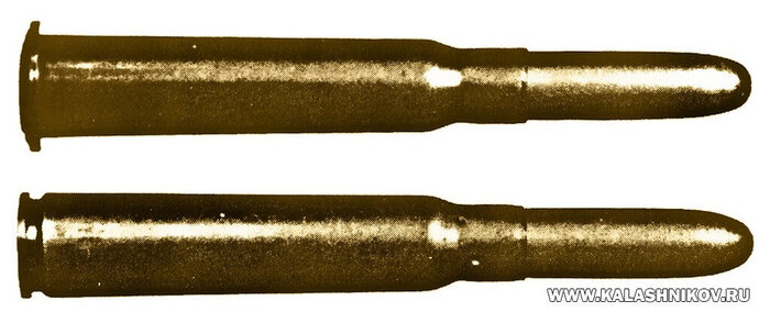 Немецкие 7,9-мм патроны к винтовке Маузер обр. 1888 г.: вверху — первоначальный, внизу — окончательной конструкции