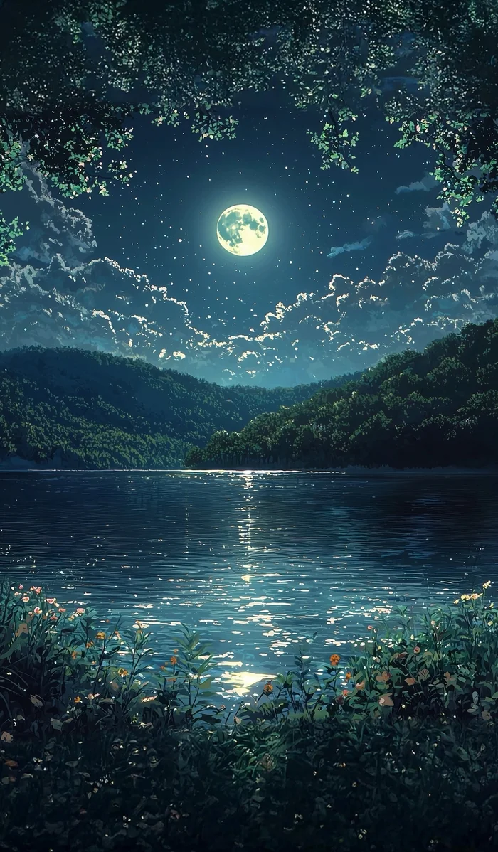 A picture from my imagination - Landscape, River, Water, Lake, Reflection, moon, Clouds, Art, Sky, The hills