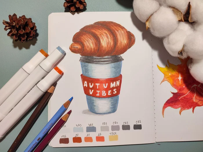 How to draw coffee and croissant with alcohol markers? - My, Video lessons, Painting, Traditional art, Alcohol markers, Sketch, Art, Artist, Video, Youtube, Drawing, Sketchbook