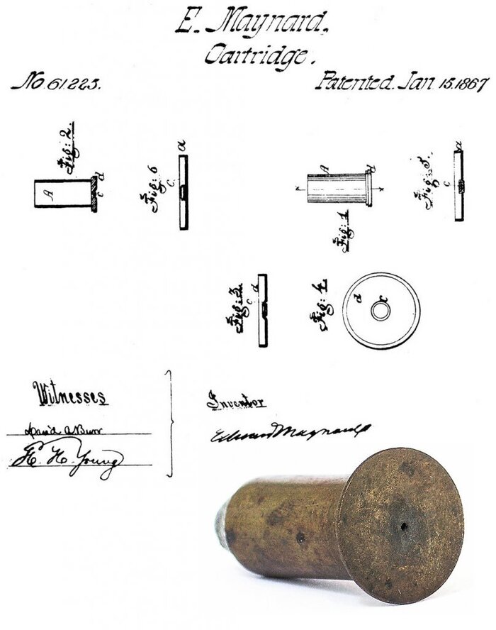 Рисунок с донной пластиной и воспламенительным штифтом из патента США № 61225 от 15 января 1867 г., полученного Эдвардом Мэйнардом, а также подлинный патрон