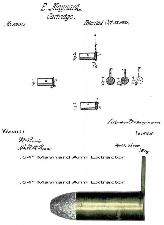 Эскиз из патента США № 59044 от 23 октября 1866 г., полученного Эдвардом Мэйнардом на патрон с «рычажным экстрактором», а также подлинный патрон с рычагом