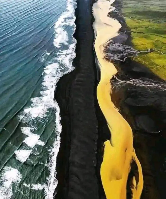 There is a place where a green field, a yellow river, a black beach and the ocean meet - The photo, Iceland