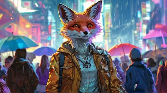 Фурри арт от Wolfmks #93 fox Cyberpunk 2077 - Моё, Арт, Арты нейросетей, Furry Art, Фурри, Искусство, Лиса, Норман Роквелл