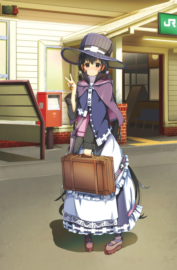 At the station - Anime, Anime art, Original character, Girls, Hat, Suitcase