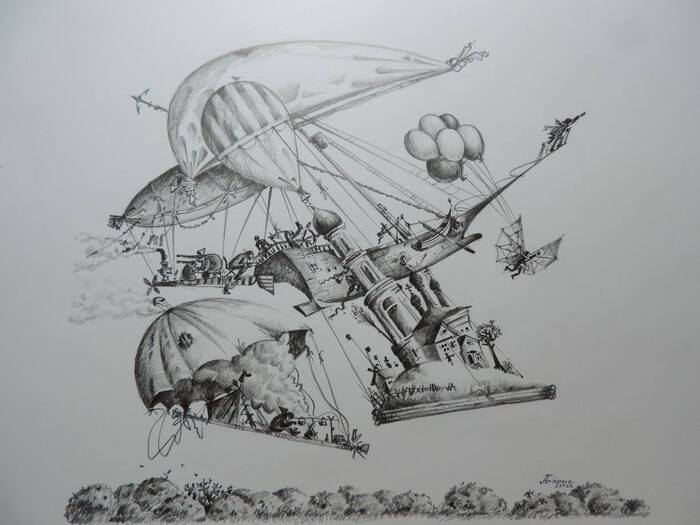 A Gust of Wind - My, Modern Art, Art, Surrealism, Pencil drawing, Wind, Flight, Church, Tent, Bonfire, Samovar, Airship, Graphics